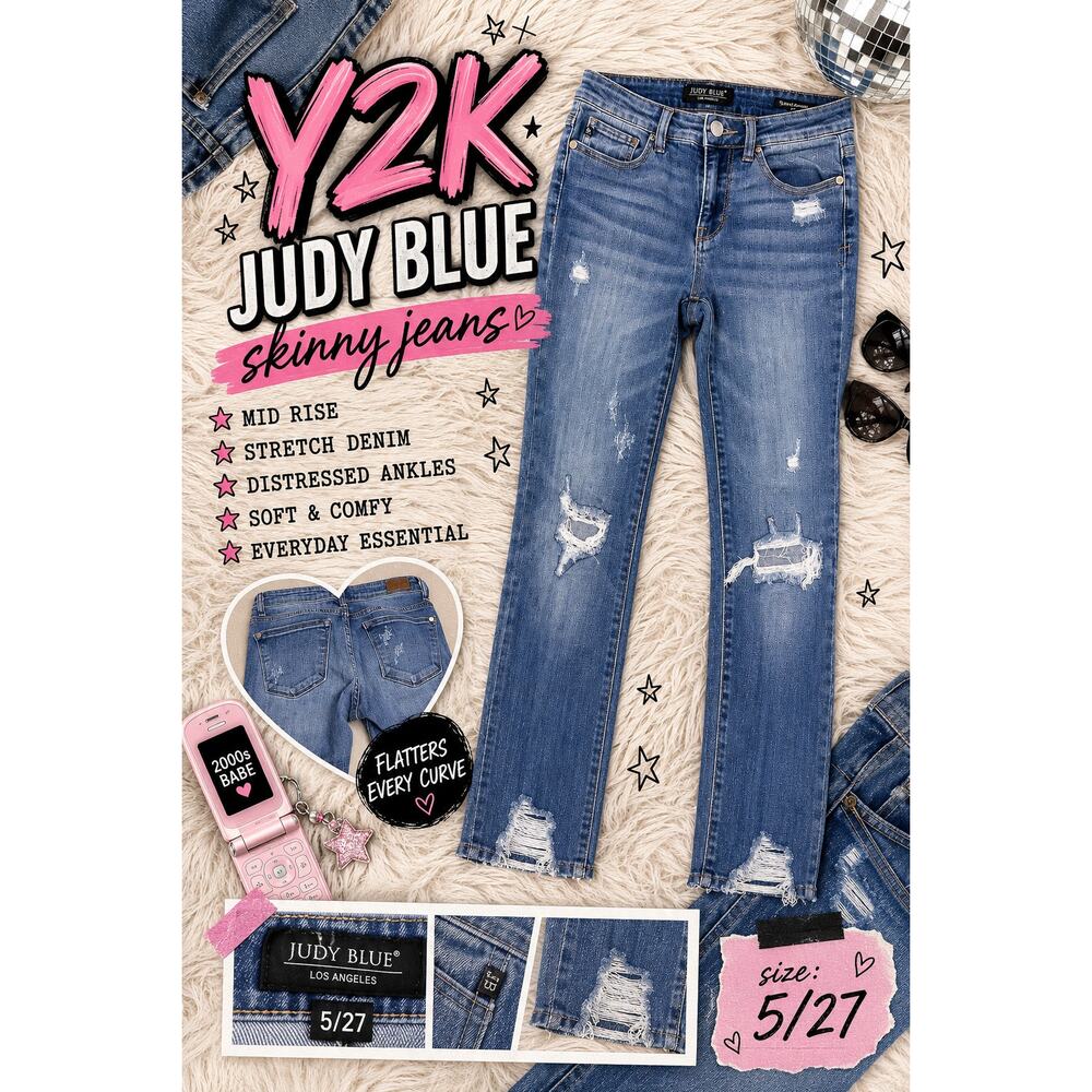 Judy Blue 5/27 Distressed Skinny Jeans Mid Rise Stretch Denim Medium Wash
